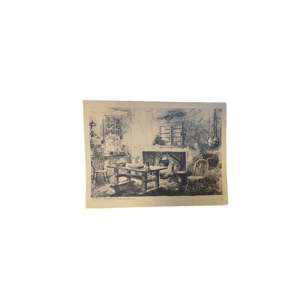 Vintage Mount Vernon Kitchen Fireplace Etching Christmas Greeting Card